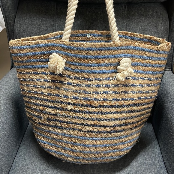 Magid Striped Sisal Jute & Denim Woven Tote